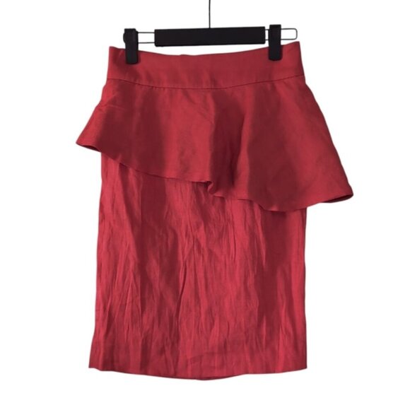 Zara Linen Beach Vacation Coastal Ruffle Frill Pencil Red Orange Skirt XS - Picture 3 of 9